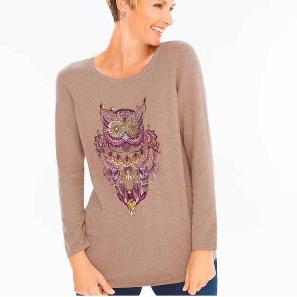 Chico’s Zenergy Cashmere Blend Owl Beaded Embellished Long Sleeve Casual Sweater - Picture 1 of 13